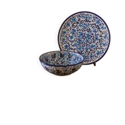Ensemble de bol et assiette en céramique turque fait main, assiette bleue florale d'Iznik