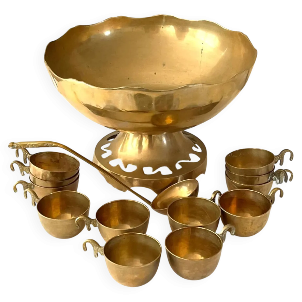 Ensemble de bol à punch en laiton avec 12 tasses, louche – Vintage français des années 50