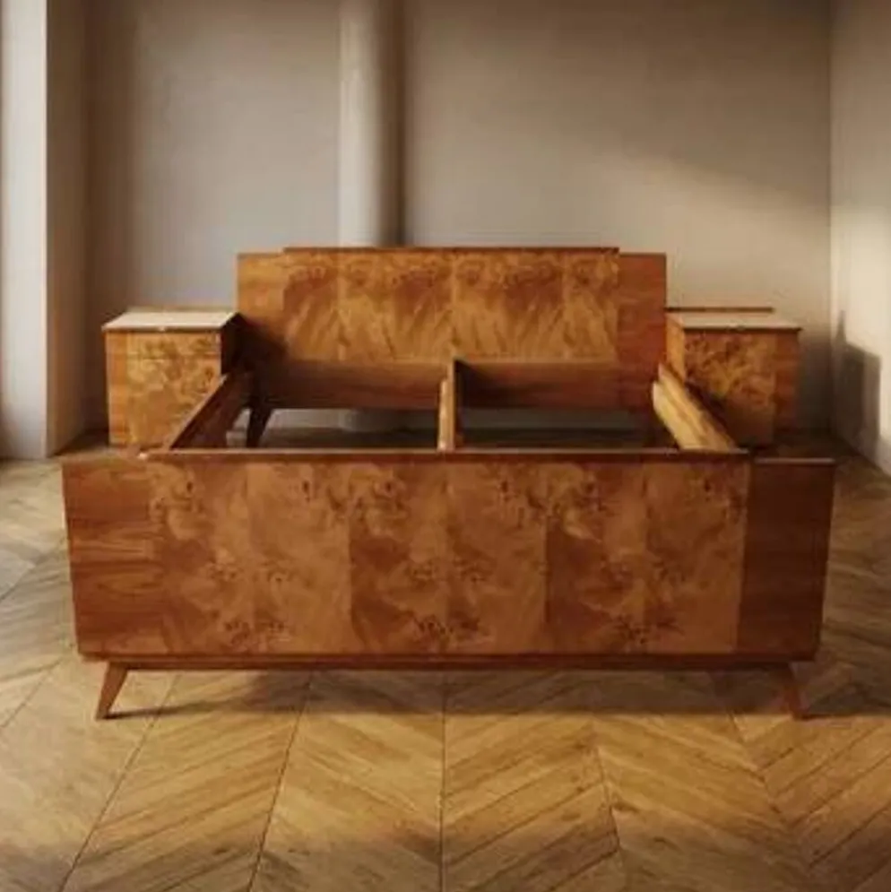 Ensemble de chambre vintage tchécoslovaque avec placage en noyer, lit et paire de tables de nuit, milieu du 20e siècle, 180 × 195 cm