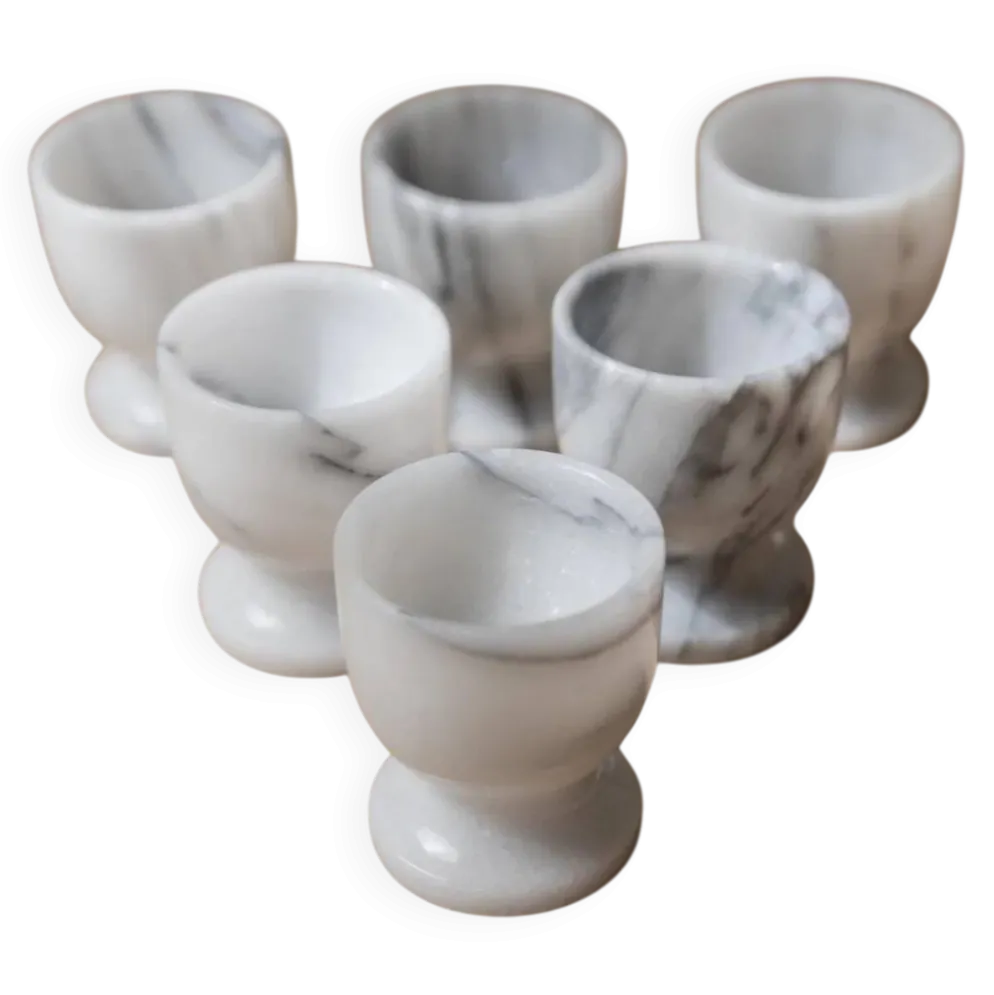 Ensemble de 6 coquetiers en marbre vintage gris et blanc – Sculptés à la main, vaisselle italienne des années 50