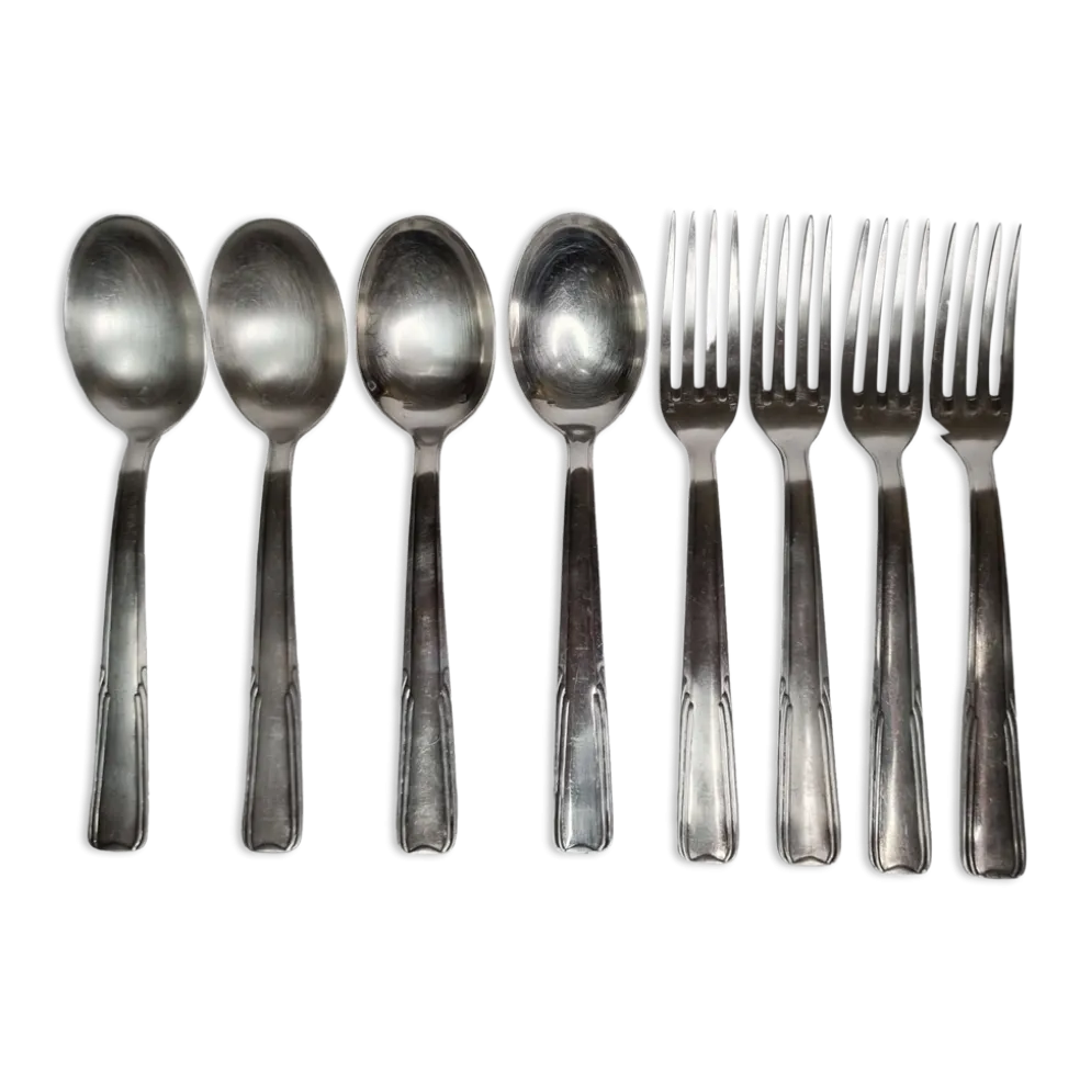 Ensemble de 8 couverts, cuillères à soupe et fourchette "dixi" en métal argenté