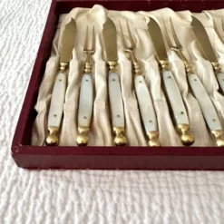 Ensemble de couverts à fruits anciens pour 6 · Laiton et nacre · Boîte d'origine