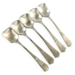 Ensemble de 5 cuillères à glace, métal blanc argenté, Allemagne, années 1930.