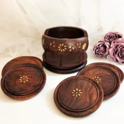 Ensemble de 6 dessous de verres avec support en bois et laiton