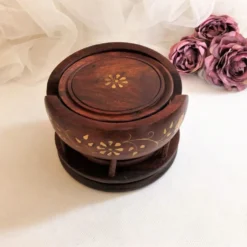 Ensemble de 6 dessous de verres avec support en bois et laiton