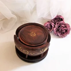 Ensemble de 6 dessous de verres avec support en bois et laiton