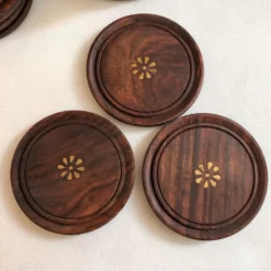 Ensemble de 6 dessous de verres avec support en bois et laiton