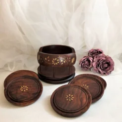 Ensemble de 6 dessous de verres avec support en bois et laiton