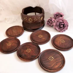 Ensemble de 6 dessous de verres avec support en bois et laiton