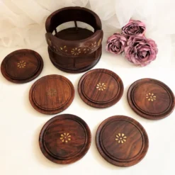 Ensemble de 6 dessous de verres avec support en bois et laiton