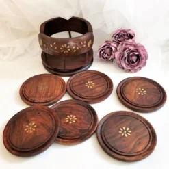 Ensemble de 6 dessous de verres avec support en bois et laiton