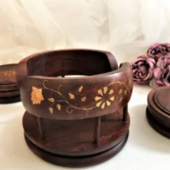 Ensemble de 6 dessous de verres avec support en bois et laiton