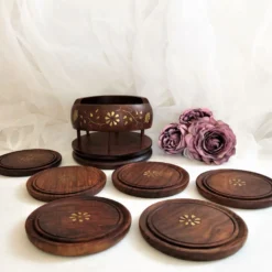 Ensemble de 6 dessous de verres avec support en bois et laiton
