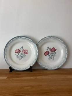 Ensemble de deux assiettes plates fleuries en faïence