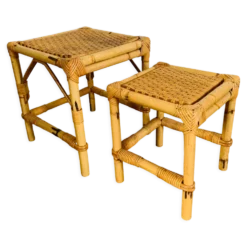 Ensemble de deux tables gigognes en rotin et osier