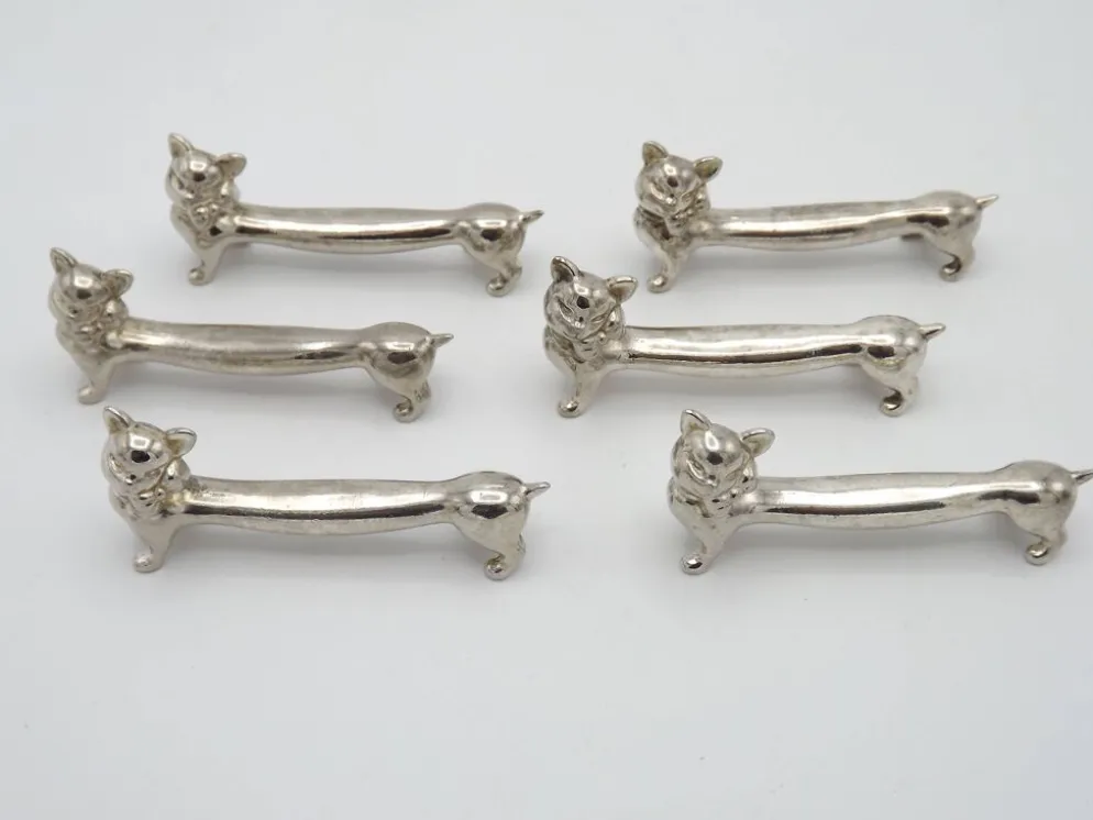 Ensemble de 6 repose-couverts en métal argenté vintage français design chat allongé