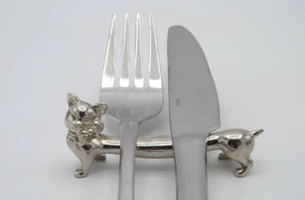 Ensemble de 6 repose-couverts en métal argenté vintage français design chat allongé