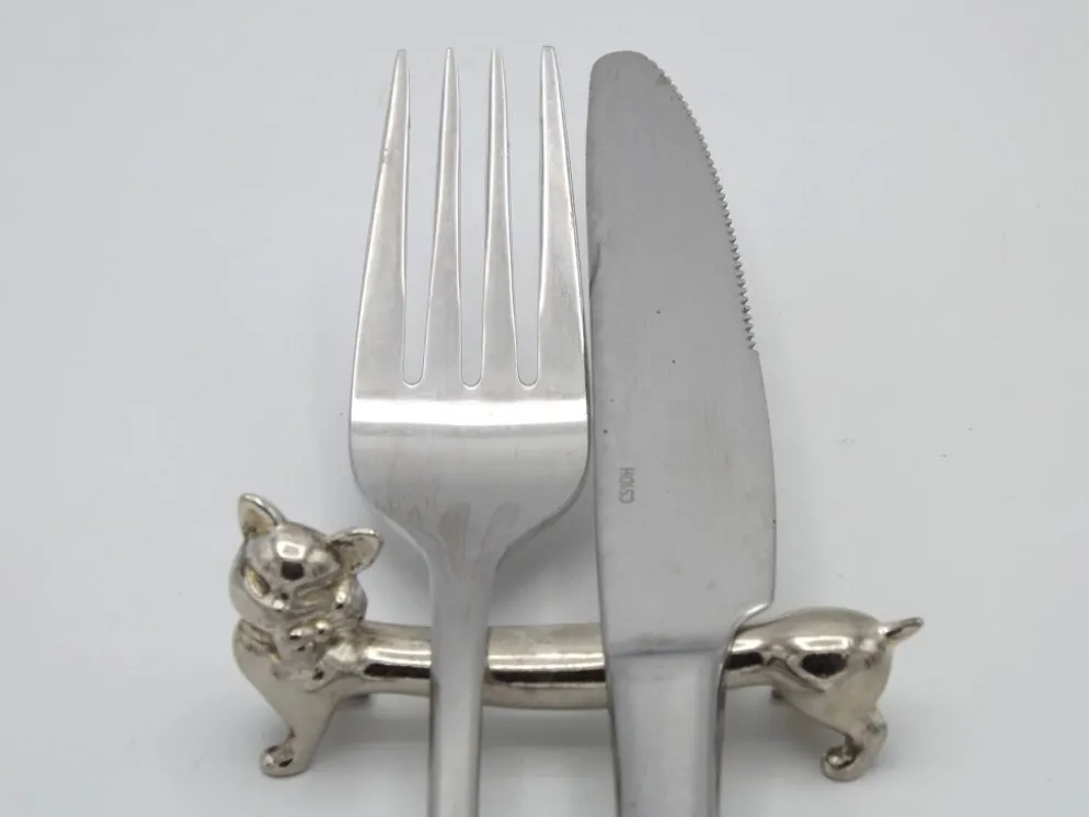 Ensemble de 6 repose-couverts en métal argenté vintage français design chat allongé