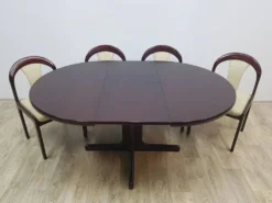 Ensemble de salle à manger, acajou brun, tissu beige, Lübke, Allemagne, années 1960.