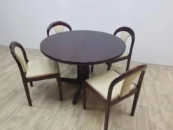 Ensemble de salle à manger, acajou brun, tissu beige, Lübke, Allemagne, années 1960.
