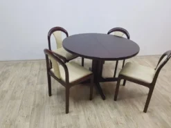 Ensemble de salle à manger, acajou brun, tissu beige, Lübke, Allemagne, années 1960.