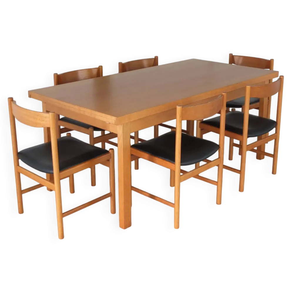 Ensemble de salle à manger en chêne naturel par Meubelatelier Vanda, années 1970.
