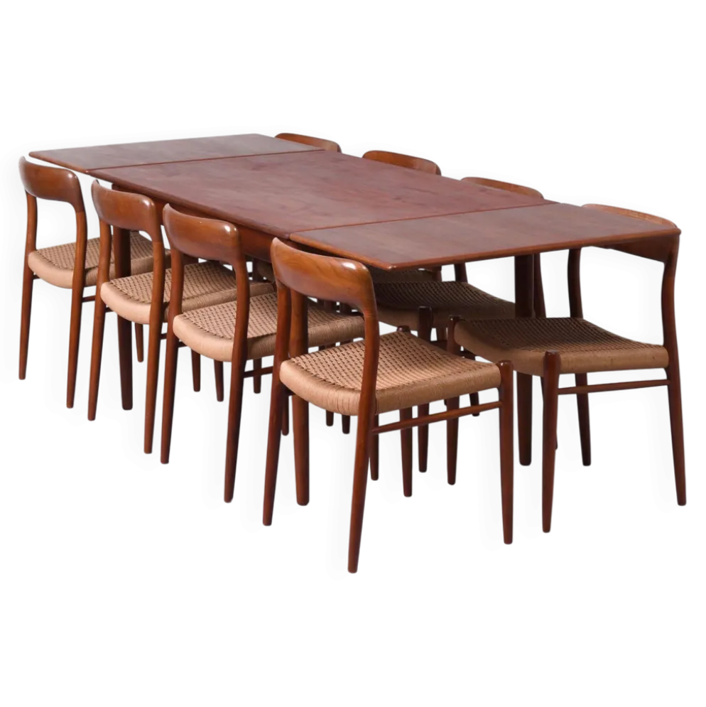 Ensemble de salle à manger extensible en teck danois avec 8 chaises Møller Modèle 75, années 1960.