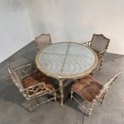 Ensemble de salle à manger vintage en faux bambou avec tissu d'origine, années 1980.