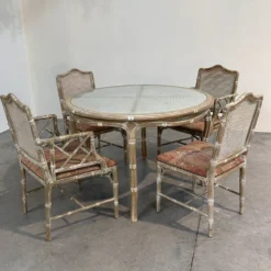 Ensemble de salle à manger vintage en faux bambou avec tissu d'origine, années 1980.