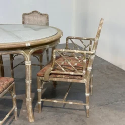 Ensemble de salle à manger vintage en faux bambou avec tissu d'origine, années 1980.