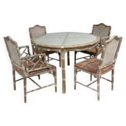 Ensemble de salle à manger vintage en faux bambou avec tissu d'origine, années 1980.