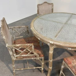 Ensemble de salle à manger vintage en faux bambou avec tissu d'origine, années 1980.