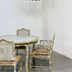 Ensemble de salle à manger vintage en faux bambou avec tissu d'origine, années 1980.