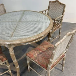 Ensemble de salle à manger vintage en faux bambou avec tissu d'origine, années 1980.