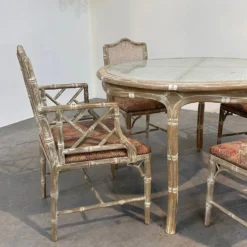 Ensemble de salle à manger vintage en faux bambou avec tissu d'origine, années 1980.