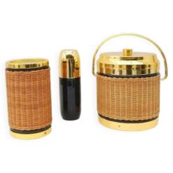 Ensemble de seau à glace, bouteille et shaker en rotin et chrome, France 1970