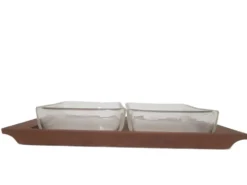 Ensemble de service, bois de teck brun, verre transparent, Danemark, années 70.