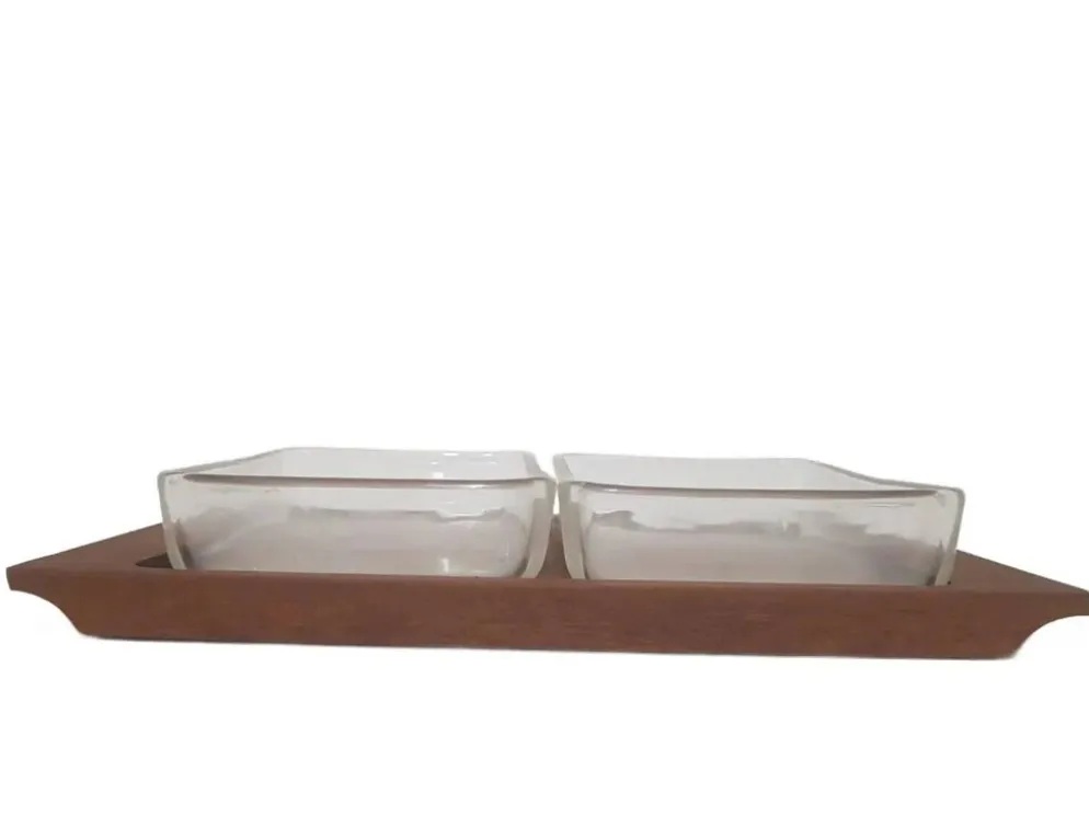 Ensemble de service, bois de teck brun, verre transparent, Danemark, années 70.