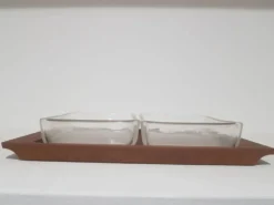 Ensemble de service, bois de teck brun, verre transparent, Danemark, années 70.