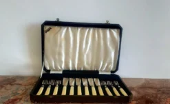 Ensemble de service à poisson vintage de Sheffield pour 6 – Poignées en os véritable – Argent sterling