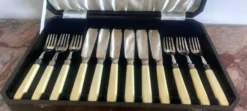 Ensemble de service à poisson vintage de Sheffield pour 6 – Poignées en os véritable – Argent sterling