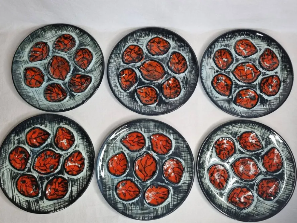 Ensemble de six assiettes, service à huitres, Pornic, 25 cm