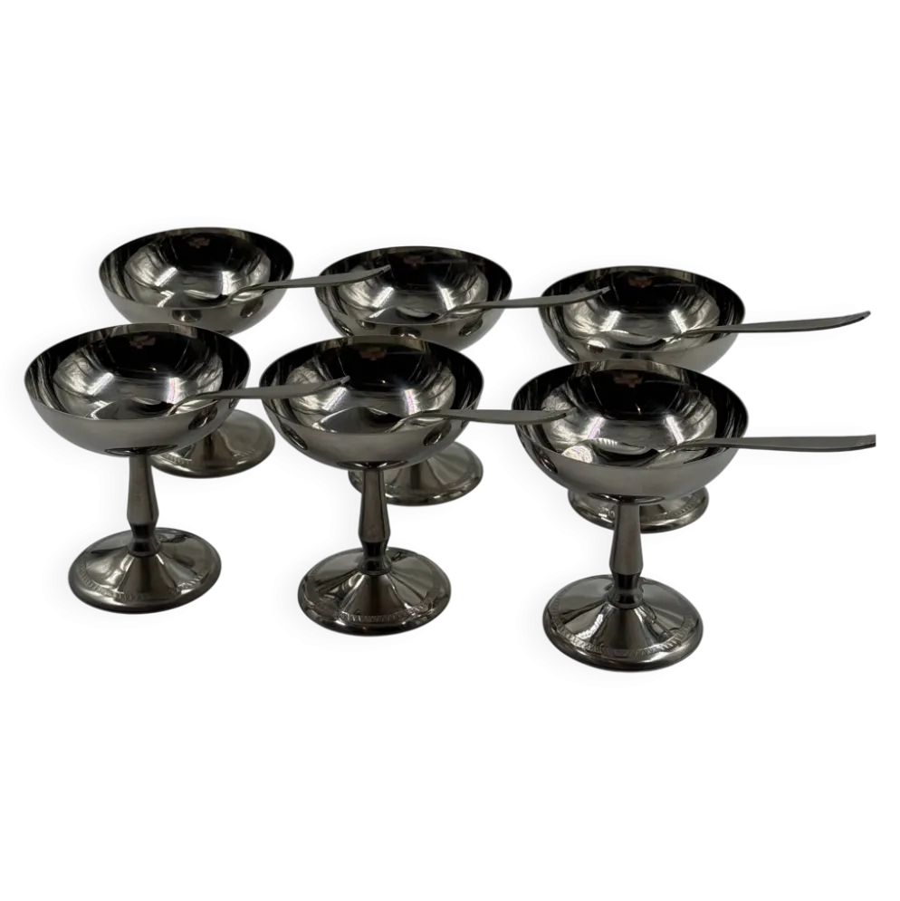 Ensemble de six coupes à dessert en acier inoxydable avec cuillères assorties