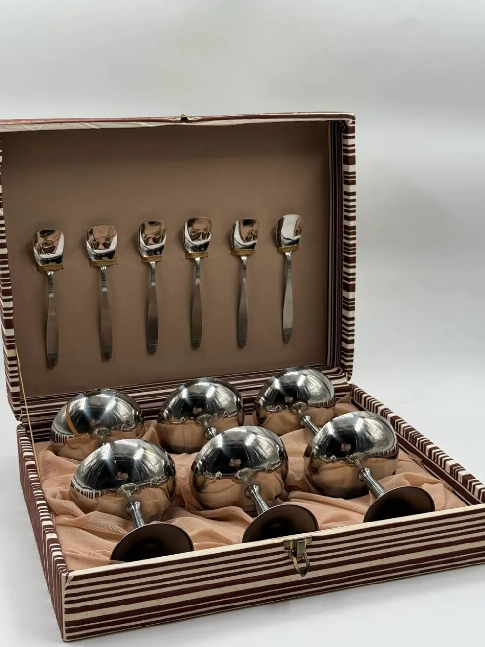 Ensemble de six coupes à dessert en acier inoxydable avec cuillères assorties