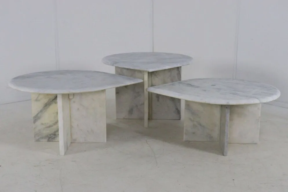 Ensemble de 3 tables d'appoint en marbre en forme de goutte d'eau, table basse vintage.