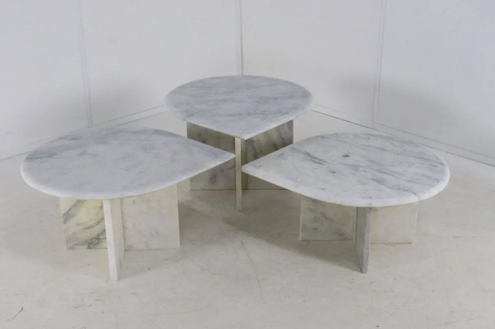 Ensemble de 3 tables d'appoint en marbre en forme de goutte d'eau, table basse vintage.