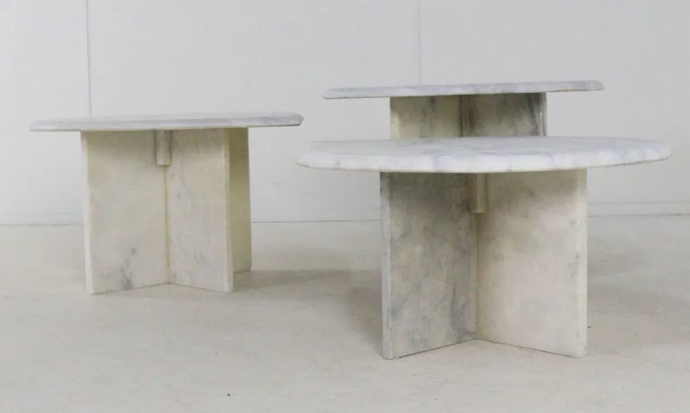 Ensemble de 3 tables d'appoint en marbre en forme de goutte d'eau, table basse vintage.