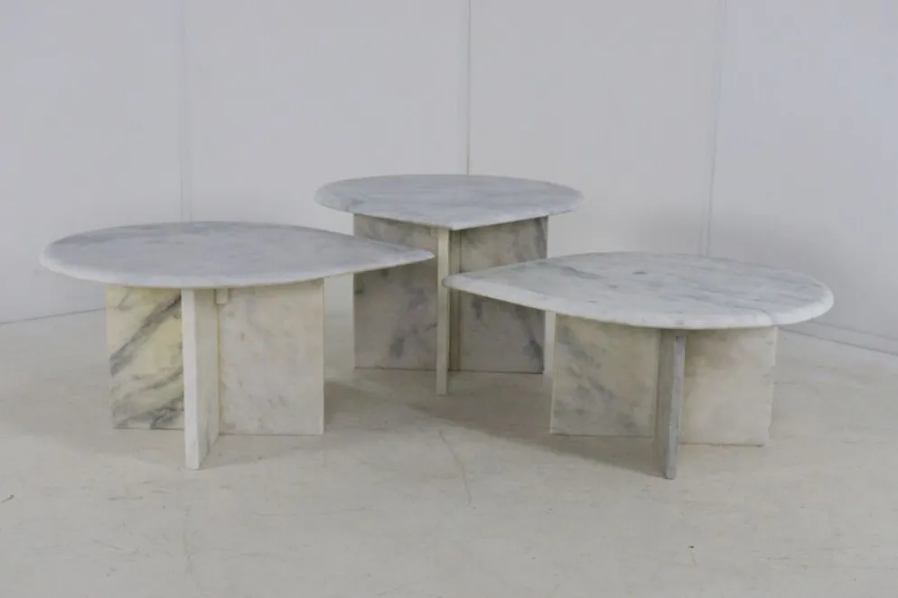 Ensemble de 3 tables d'appoint en marbre en forme de goutte d'eau, table basse vintage.