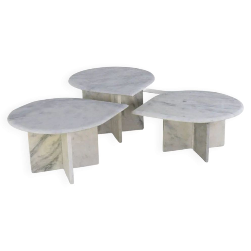 Ensemble de 3 tables d'appoint en marbre en forme de goutte d'eau, table basse vintage.