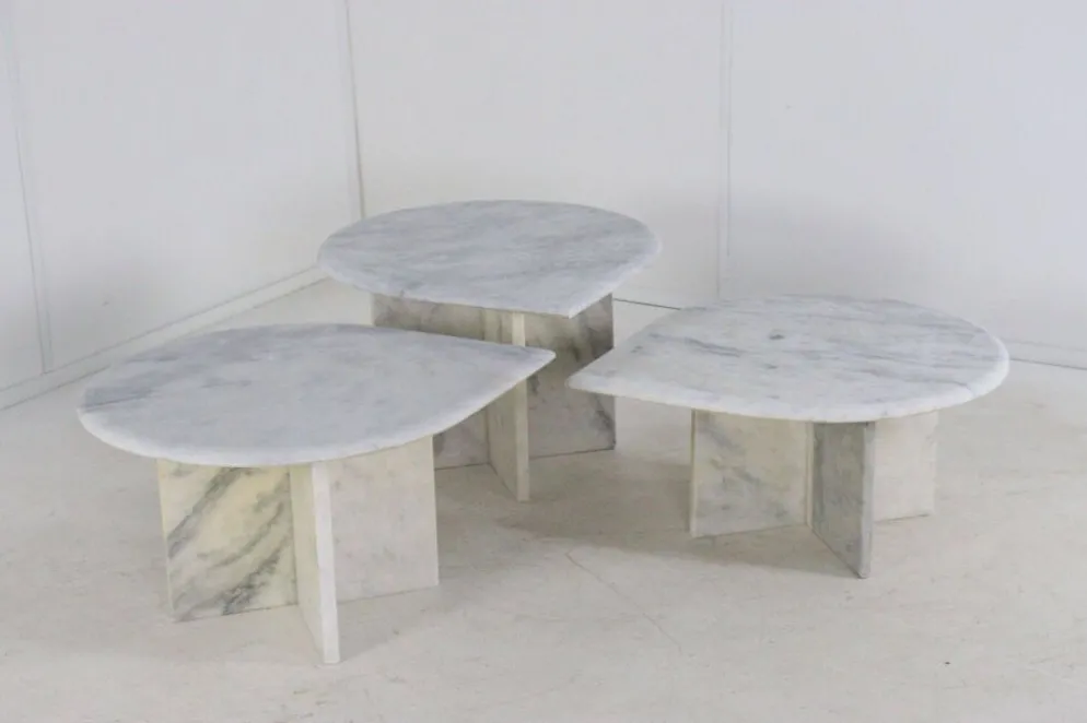 Ensemble de 3 tables d'appoint en marbre en forme de goutte d'eau, table basse vintage.